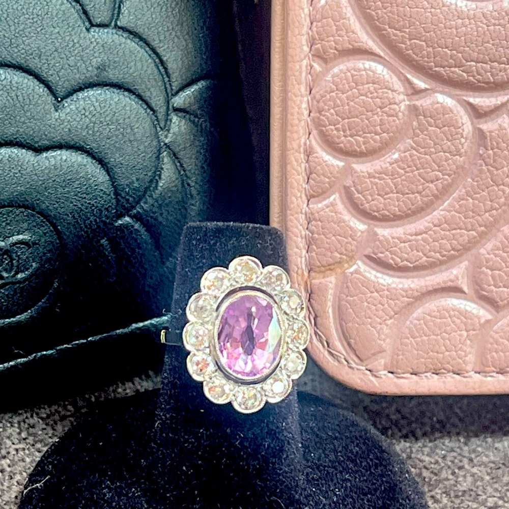 Antique Pinkish-Purple Natural Sapphire Ring with European cut diamonds